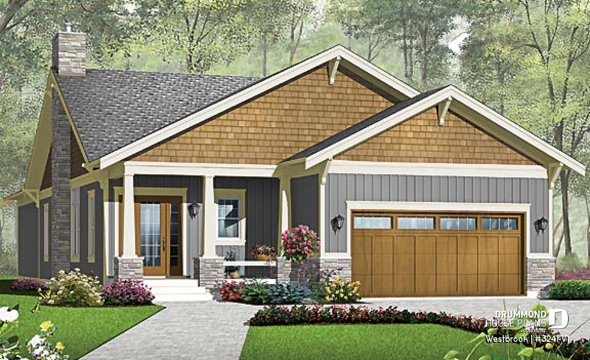 front - BASE MODEL - Craftsman inspired house plan with double garage, covered terrace, 3 bedrooms, laundry room, great kitchen - Westbrook