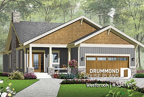front - BASE MODEL - Craftsman inspired house plan with double garage, covered terrace, 3 bedrooms, laundry room, great kitchen - Westbrook