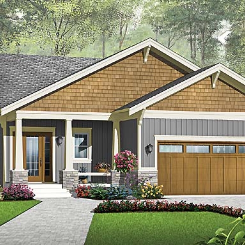 front - BASE MODEL - Craftsman inspired house plan with double garage, covered terrace, 3 bedrooms, laundry room, great kitchen - Westbrook