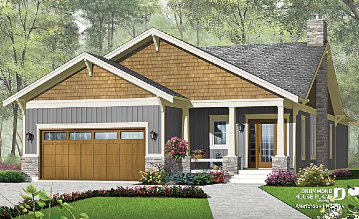 front - BASE MODEL - Craftsman inspired house plan with double garage, covered terrace, 3 bedrooms, laundry room, great kitchen - Westbrook