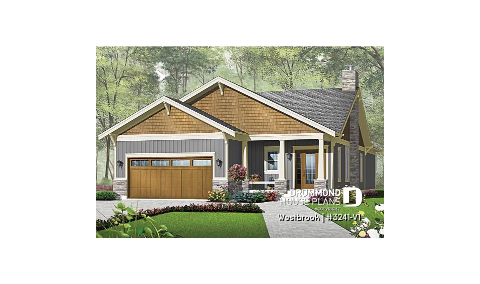 front - BASE MODEL - Craftsman inspired house plan with double garage, covered terrace, 3 bedrooms, laundry room, great kitchen - Westbrook