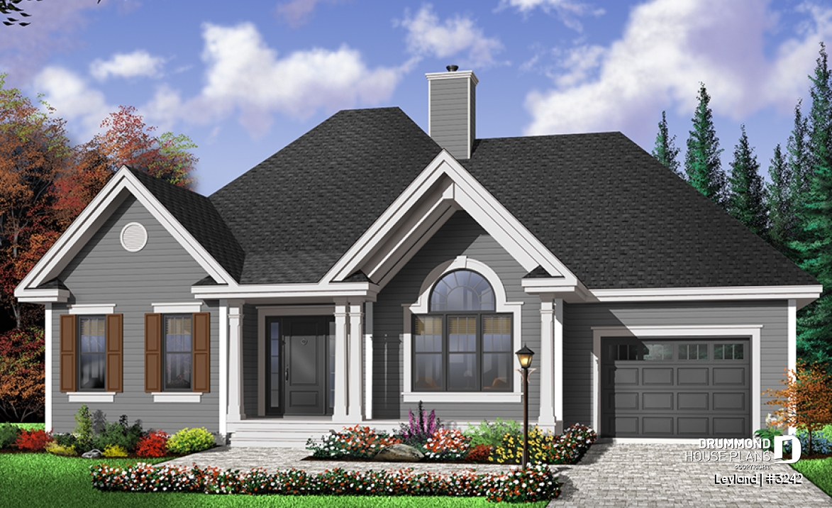 Color version 1 - Front - Traditional style 2 bedroom ranch bungalow with cathedral ceiling, central fireplace and a one-car garage - Leyland