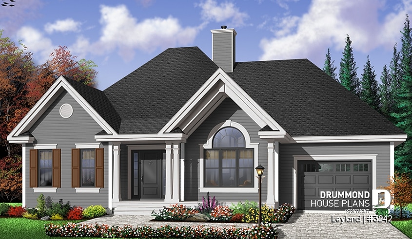 Color version 1 - Front - Traditional style 2 bedroom ranch bungalow with cathedral ceiling, central fireplace and a one-car garage - Leyland