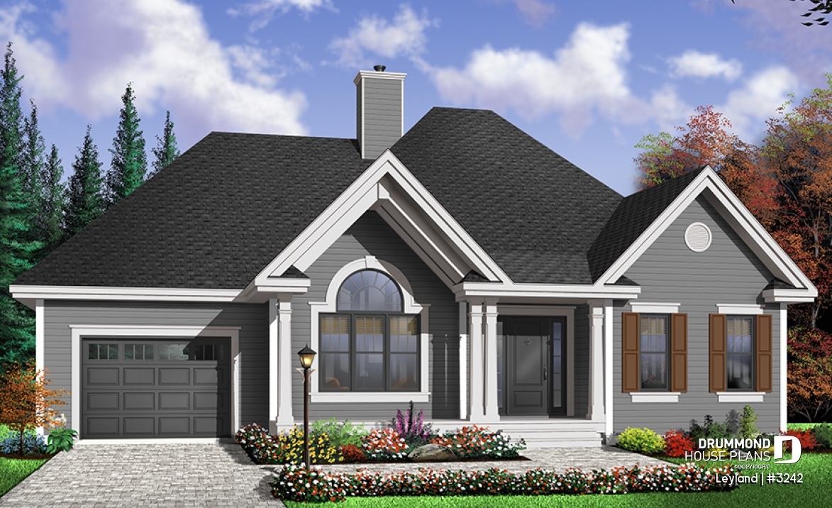Color version 1 - Front - Traditional style 2 bedroom ranch bungalow with cathedral ceiling, central fireplace and a one-car garage - Leyland