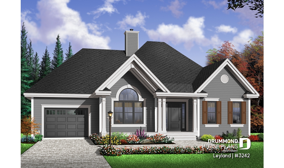 Color version 1 - Front - Traditional style 2 bedroom ranch bungalow with cathedral ceiling, central fireplace and a one-car garage - Leyland