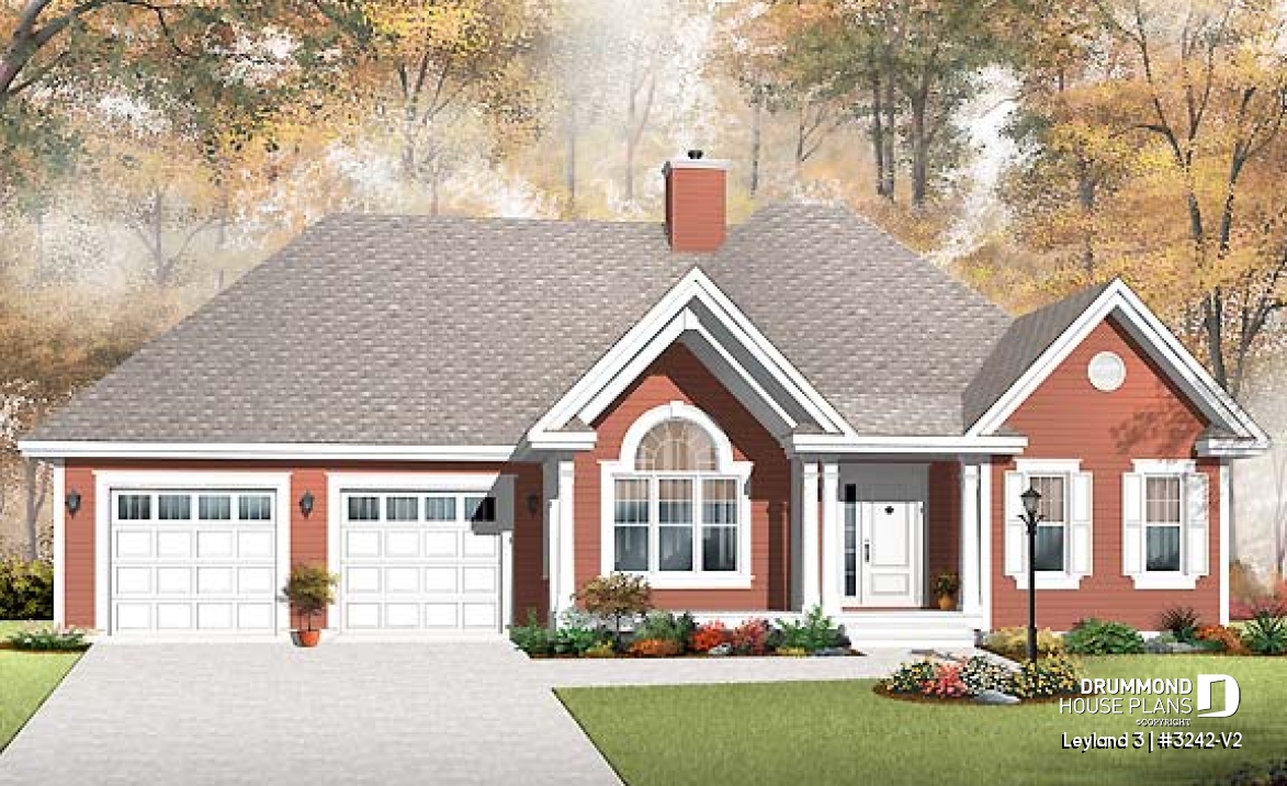 front - BASE MODEL - Single storey country style with 2 sided fireplace and double garage, very functionnal family bathroom - Leyland 3