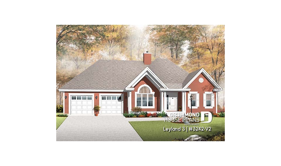 front - BASE MODEL - Single storey country style with 2 sided fireplace and double garage, very functionnal family bathroom - Leyland 3