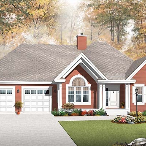 front - BASE MODEL - Single storey country style with 2 sided fireplace and double garage, very functionnal family bathroom - Leyland 3
