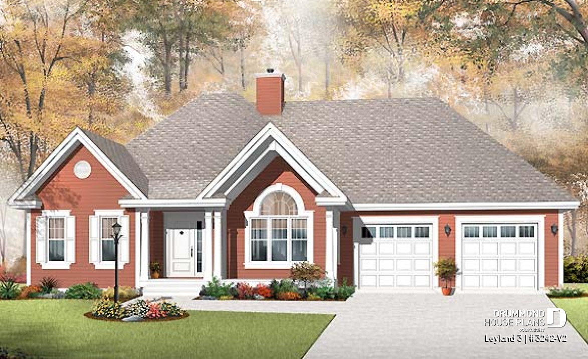 front - BASE MODEL - Single storey country style with 2 sided fireplace and double garage, very functionnal family bathroom - Leyland 3