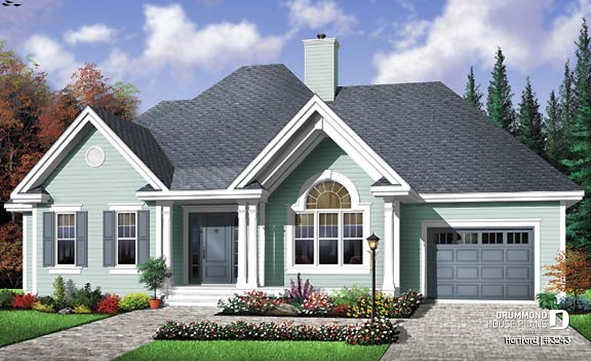 front - BASE MODEL - 3 bedroom bungalow house plan with fireplace, cathedral ceiling and garage - Hartford