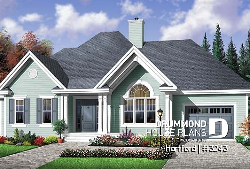front - BASE MODEL - 3 bedroom bungalow house plan with fireplace, cathedral ceiling and garage - Hartford