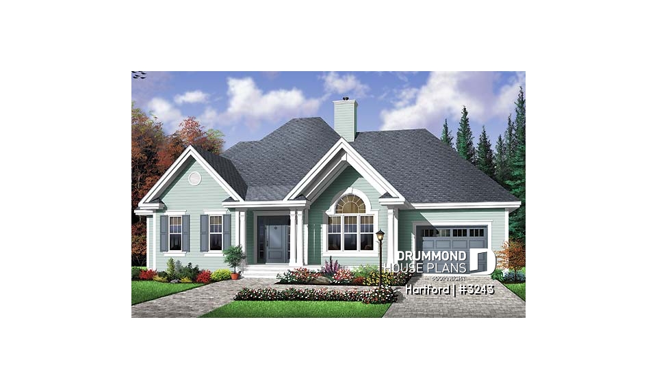 front - BASE MODEL - 3 bedroom bungalow house plan with fireplace, cathedral ceiling and garage - Hartford