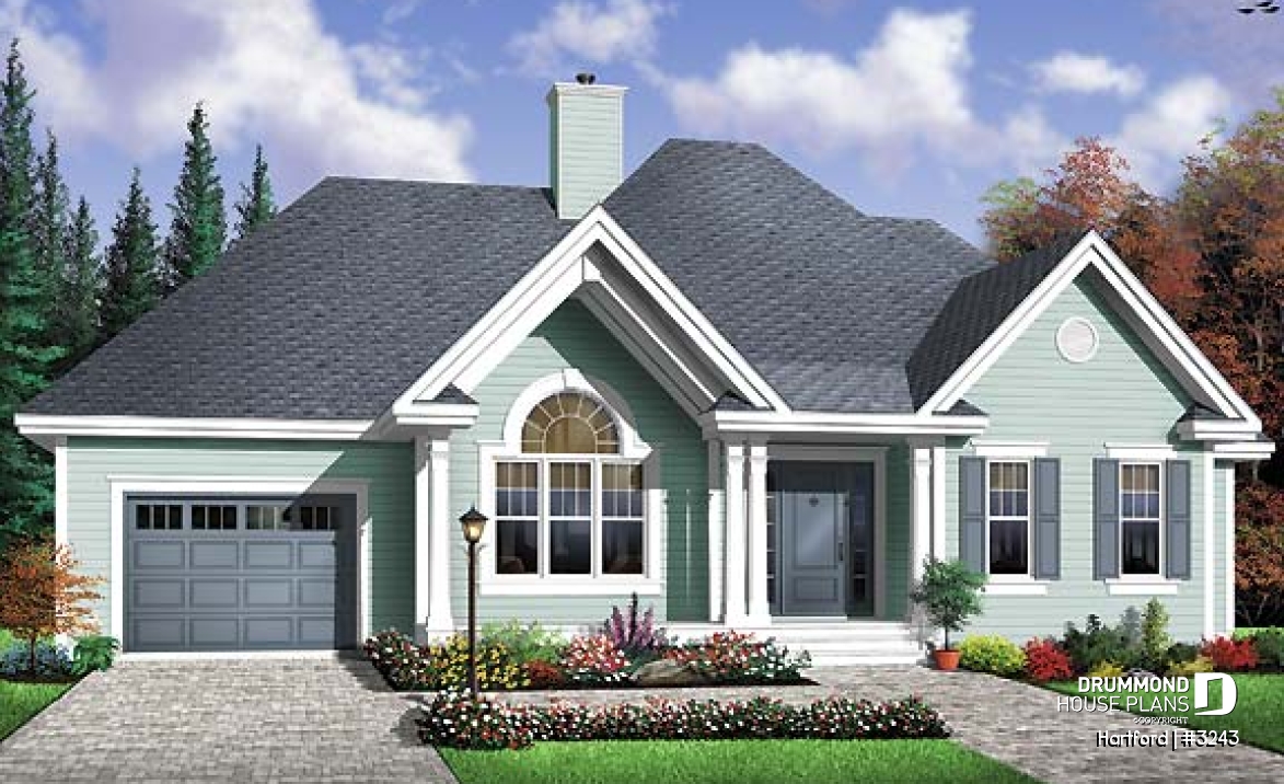 front - BASE MODEL - 3 bedroom bungalow house plan with fireplace, cathedral ceiling and garage - Hartford