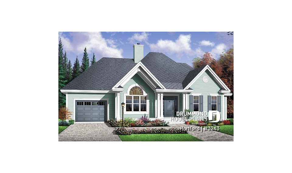 front - BASE MODEL - 3 bedroom bungalow house plan with fireplace, cathedral ceiling and garage - Hartford