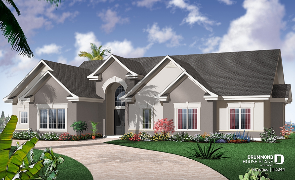 front - BASE MODEL - Florida style house plan, large master suite, home office, open floor plan, large laundry room, bonus space - Florence