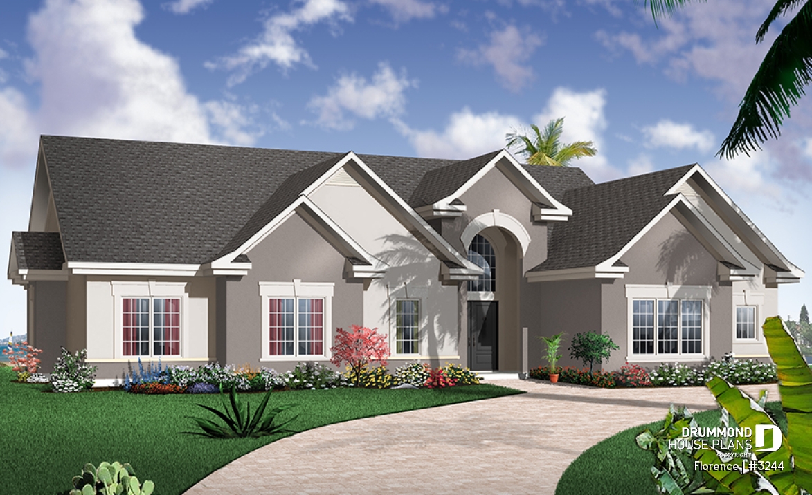 front - BASE MODEL - Florida style house plan, large master suite, home office, open floor plan, large laundry room, bonus space - Florence