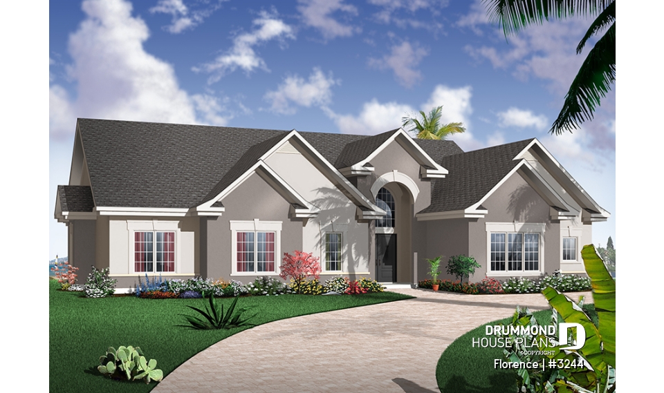 front - BASE MODEL - Florida style house plan, large master suite, home office, open floor plan, large laundry room, bonus space - Florence