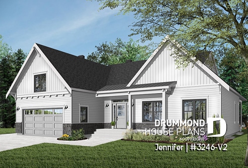 front - BASE MODEL - One-storey ranch house plan with 2-car garage, large kitchen with island and open to living room and backyard - Jennifer