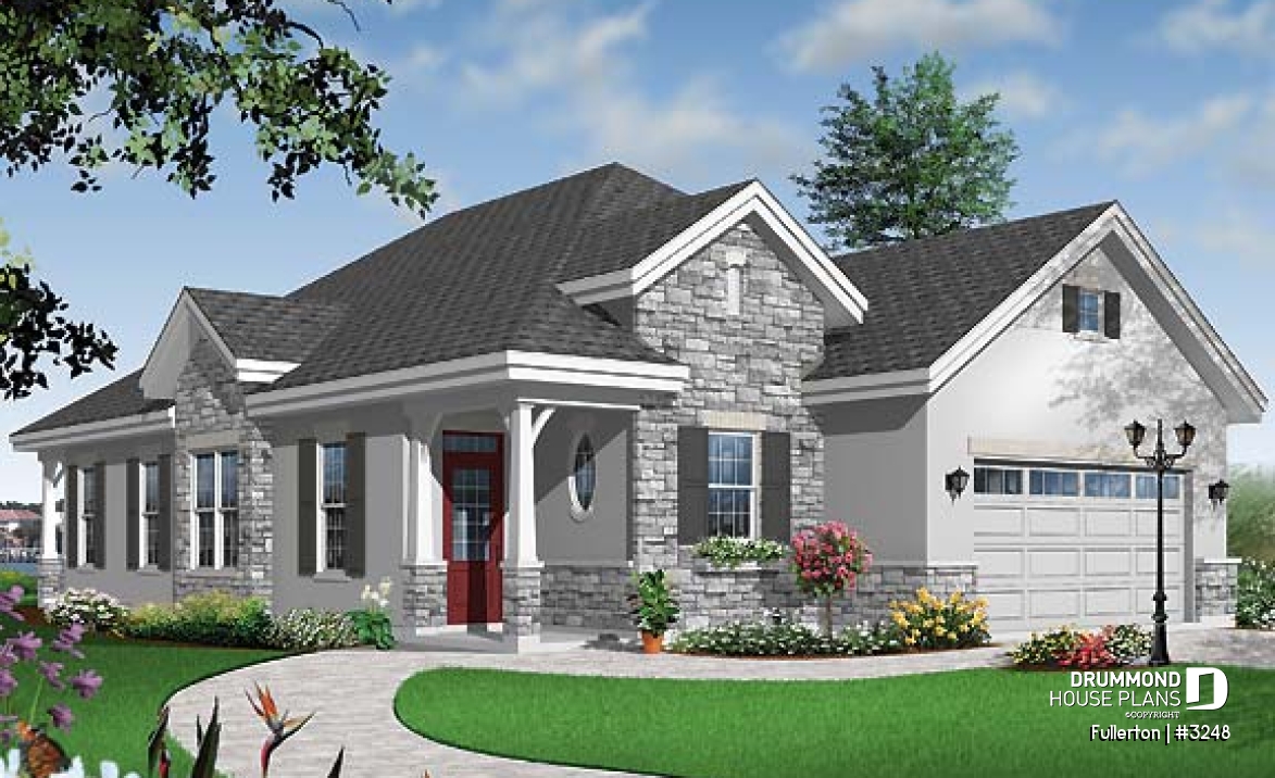 front - BASE MODEL - Craftsman 3 bedroom, 2 bathroom one-storey house plan, lanai, 2-car garage, laundry, fireplace - Fullerton