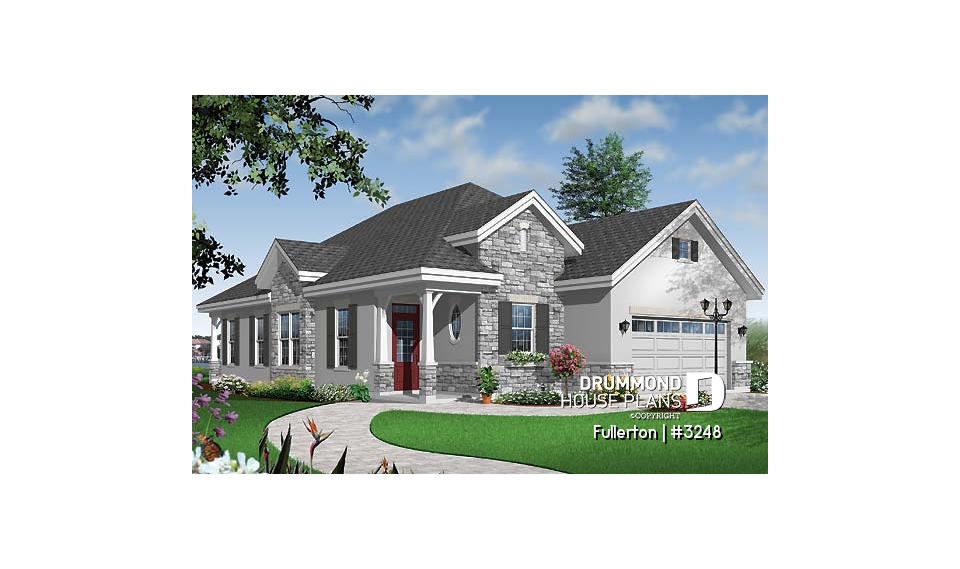 front - BASE MODEL - Craftsman 3 bedroom, 2 bathroom one-storey house plan, lanai, 2-car garage, laundry, fireplace - Fullerton