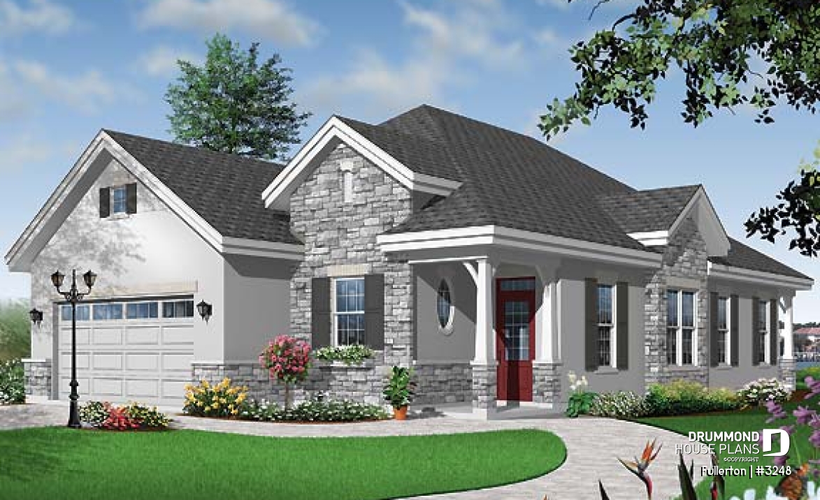 front - BASE MODEL - Craftsman 3 bedroom, 2 bathroom one-storey house plan, lanai, 2-car garage, laundry, fireplace - Fullerton