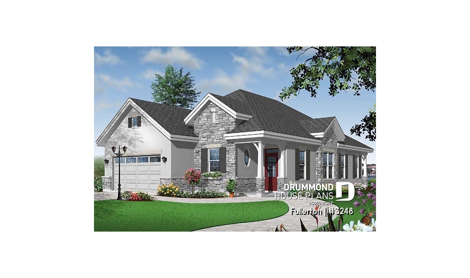front - BASE MODEL - Craftsman 3 bedroom, 2 bathroom one-storey house plan, lanai, 2-car garage, laundry, fireplace - Fullerton
