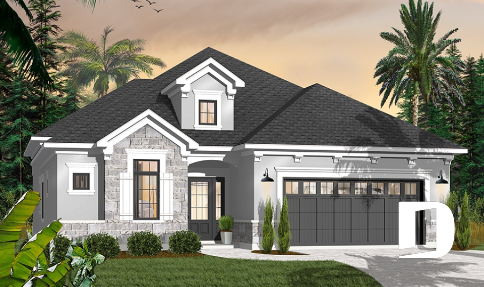 Color version 5 - Front - 4 bedroom 2.5 bath one story house plans, 2-car garage, large master suite with private balcony - Westbury