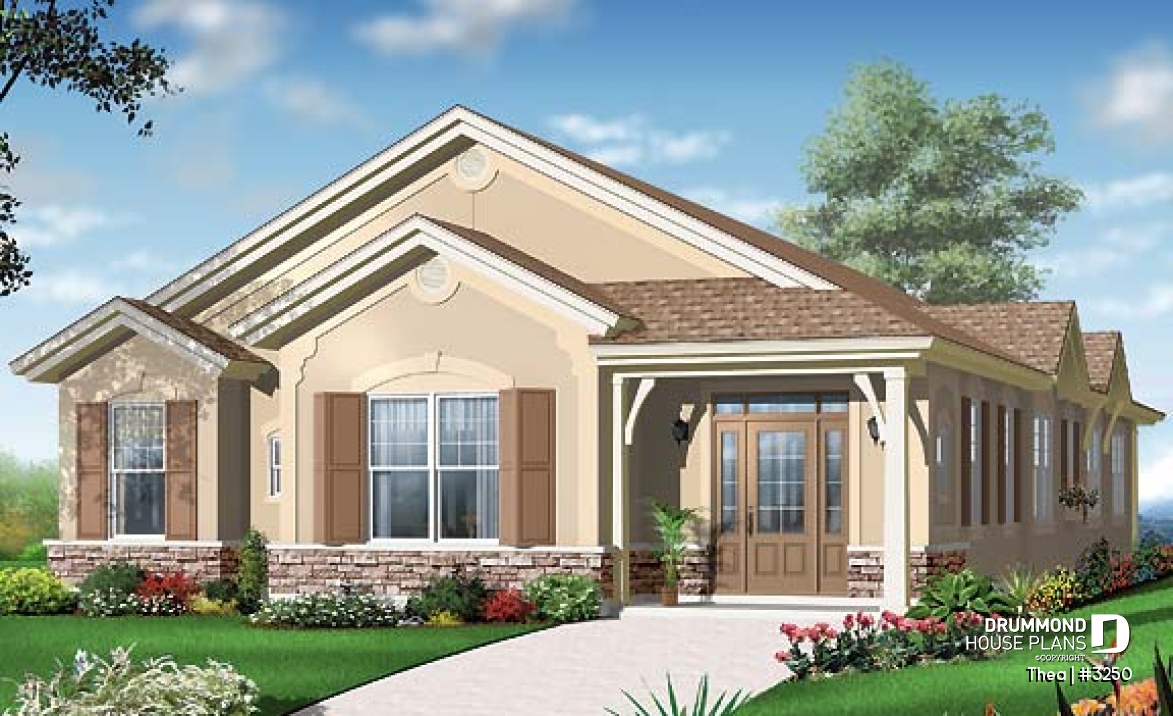 front - BASE MODEL - 4 bedroom ranch style home plan with 2 living rooms and rear entry 2-car garage - Thea