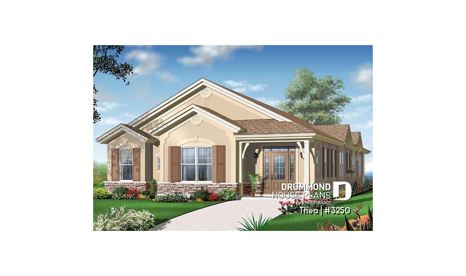 front - BASE MODEL - 4 bedroom ranch style home plan with 2 living rooms and rear entry 2-car garage - Thea