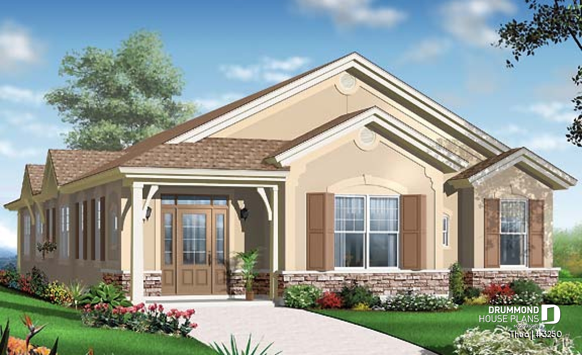 front - BASE MODEL - 4 bedroom ranch style home plan with 2 living rooms and rear entry 2-car garage - Thea