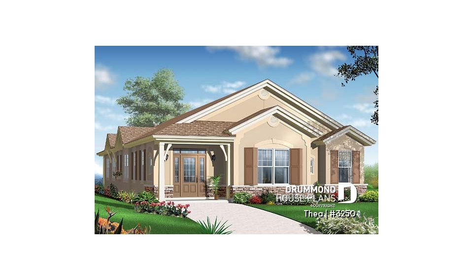 front - BASE MODEL - 4 bedroom ranch style home plan with 2 living rooms and rear entry 2-car garage - Thea