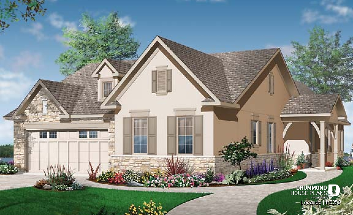 front - BASE MODEL - One-story 3 to 4 bedroom house plan, 2-car garage, fireplace, laundry room on main floor - Locanda