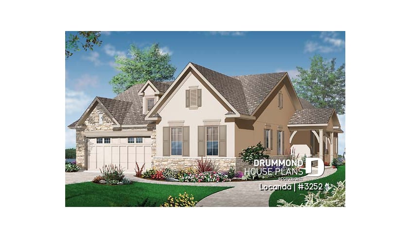 front - BASE MODEL - One-story 3 to 4 bedroom house plan, 2-car garage, fireplace, laundry room on main floor - Locanda