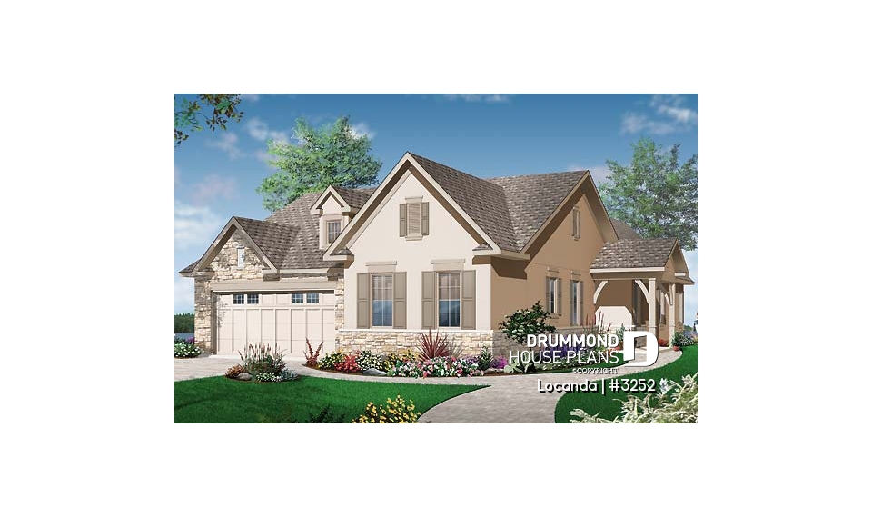 front - BASE MODEL - One-story 3 to 4 bedroom house plan, 2-car garage, fireplace, laundry room on main floor - Locanda