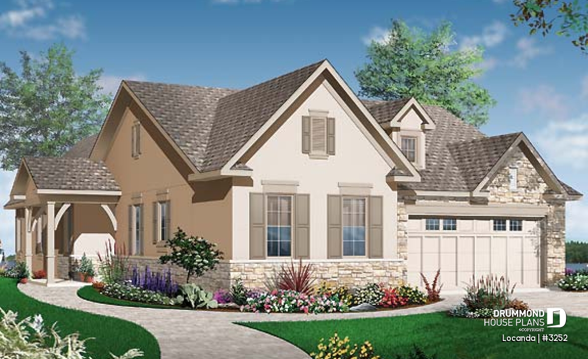 front - BASE MODEL - One-story 3 to 4 bedroom house plan, 2-car garage, fireplace, laundry room on main floor - Locanda