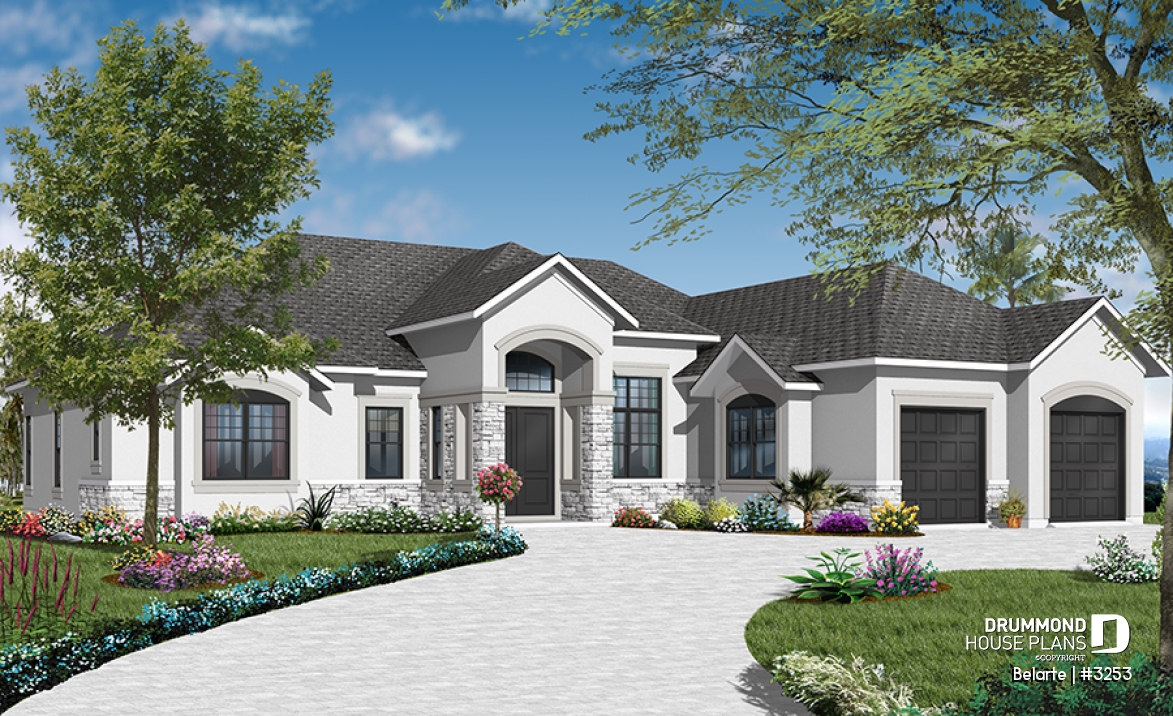 Color version 2 - Front - Mediterranean 3 bedroom house plan, with 13' ceilings, double garage and lanai - Belarte