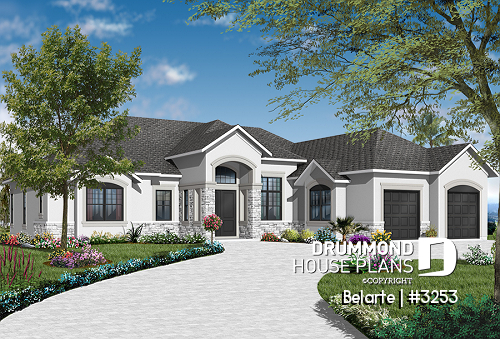 Color version 2 - Front - Mediterranean 3 bedroom house plan, with 13' ceilings, double garage and lanai - Belarte