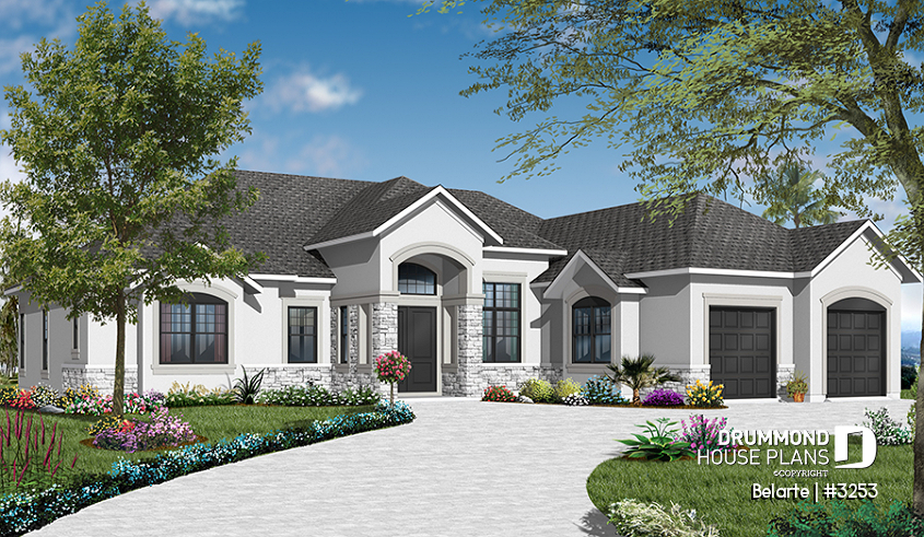 Color version 2 - Front - Mediterranean 3 bedroom house plan, with 13' ceilings, double garage and lanai - Belarte