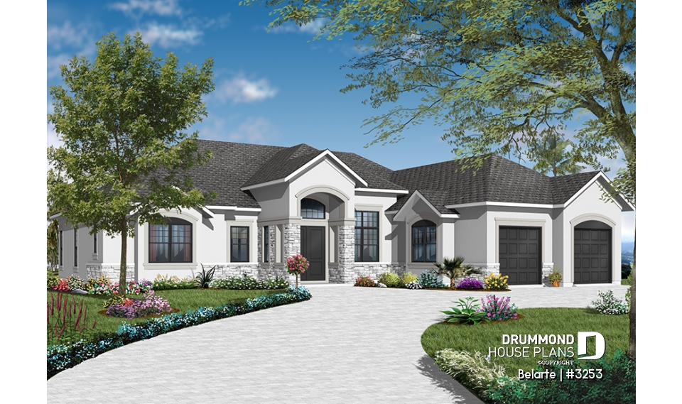 Color version 2 - Front - Mediterranean 3 bedroom house plan, with 13' ceilings, double garage and lanai - Belarte