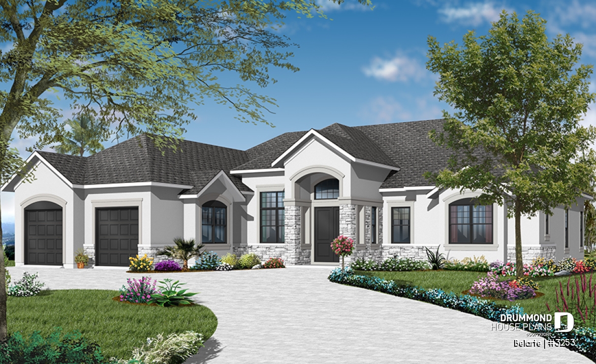 Color version 2 - Front - Mediterranean 3 bedroom house plan, with 13' ceilings, double garage and lanai - Belarte
