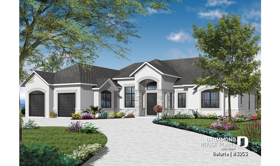 Color version 2 - Front - Mediterranean 3 bedroom house plan, with 13' ceilings, double garage and lanai - Belarte