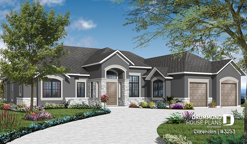 front - BASE MODEL - Mediterranean 3 bedroom house plan, with 13' ceilings, double garage and lanai - Clarendon