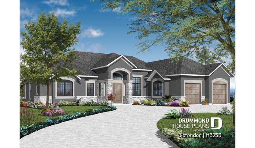 front - BASE MODEL - Mediterranean 3 bedroom house plan, with 13' ceilings, double garage and lanai - Clarendon