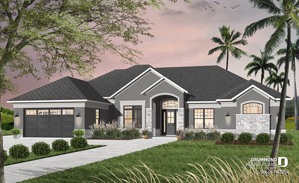 front - BASE MODEL - Large 4 bedroom Mediterranean style house plan with 3.5 baths, 2-car garage, home office - Savoy