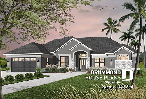 front - BASE MODEL - Large 4 bedroom Mediterranean style house plan with 3.5 baths, 2-car garage, home office - Savoy