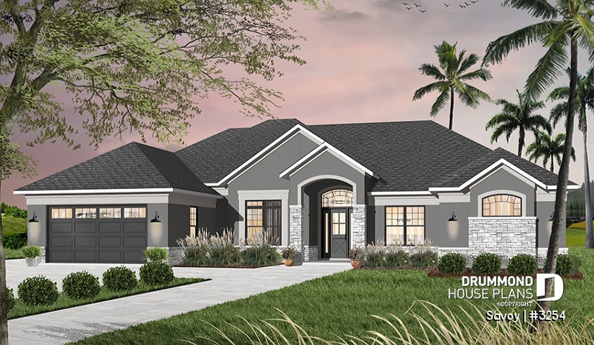 front - BASE MODEL - Large 4 bedroom Mediterranean style house plan with 3.5 baths, 2-car garage, home office - Savoy