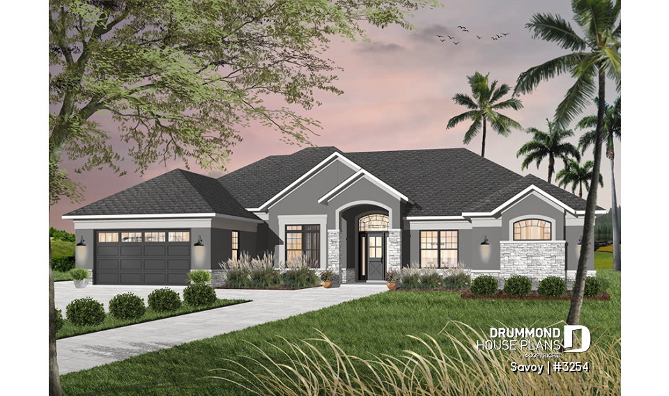 front - BASE MODEL - Large 4 bedroom Mediterranean style house plan with 3.5 baths, 2-car garage, home office - Savoy