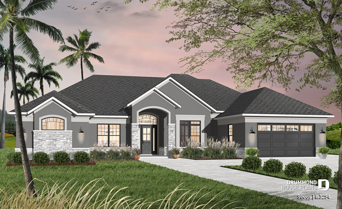 front - BASE MODEL - Large 4 bedroom Mediterranean style house plan with 3.5 baths, 2-car garage, home office - Savoy