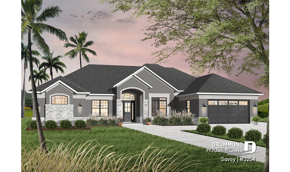 front - BASE MODEL - Large 4 bedroom Mediterranean style house plan with 3.5 baths, 2-car garage, home office - Savoy