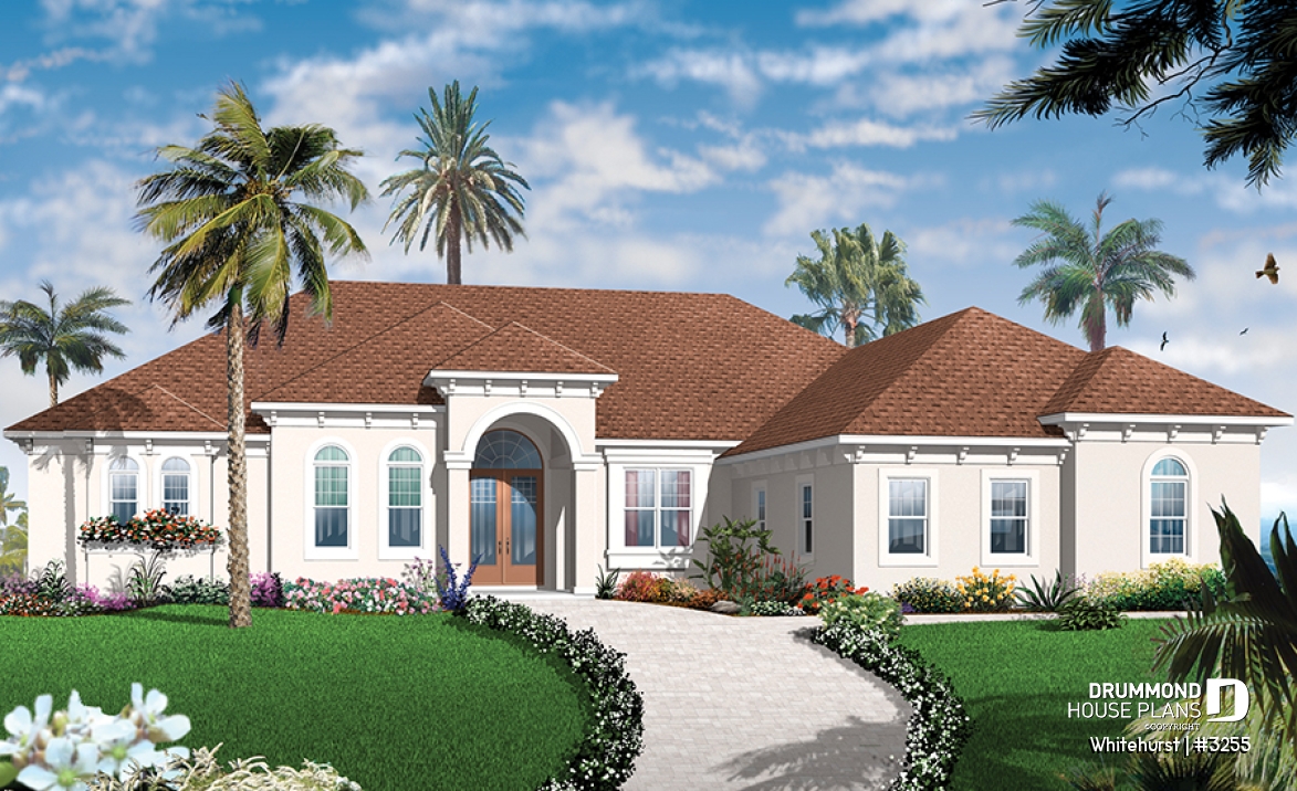 front - BASE MODEL - 4 bedroom Mediteraneanm home plan with 10' ceilngs and triple garage - Whitehurst